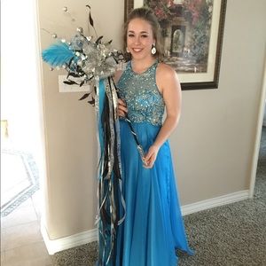 Cinderella Teal Rhinestone Beaded Long Maxi Prom Gown